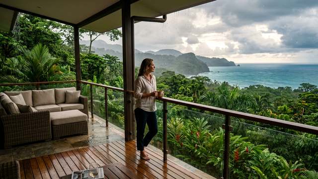 Green-season rain on a villa terrace