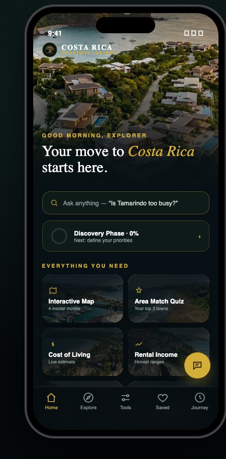Costa Rica Property Insider app — home screen